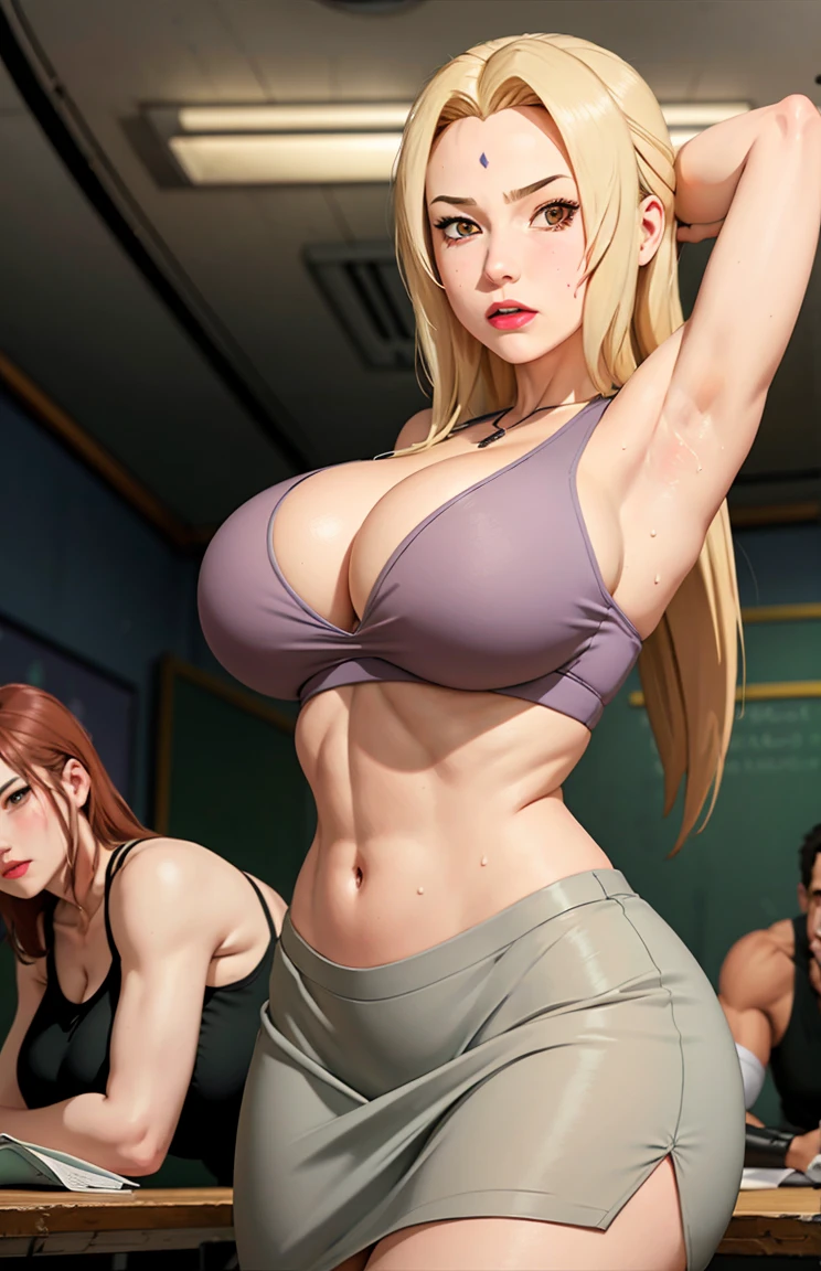 Big titlack tight skirt,  full bodyesbian, cleavage, Good anatomy, Masterpiece, Best quality, 4K, 8K, Professional photography, Soft light, Sharp focus, 1 girl, Blonde hair, in class room, Blonde hair, Spin-off of banks, Detailed face+Brown eyes, Open lips, lipstick, perspire，Sweat a lot，Blushlush，Be red in the face，I had a lot of sweat on my face，Blushlush），（stooped，Buttresigboobs，Enchanting pose，A sexy pose）,deep navel show:1.3,front view,sports bra,toned abs,long oval shaped navel that seems deep and big:1.3