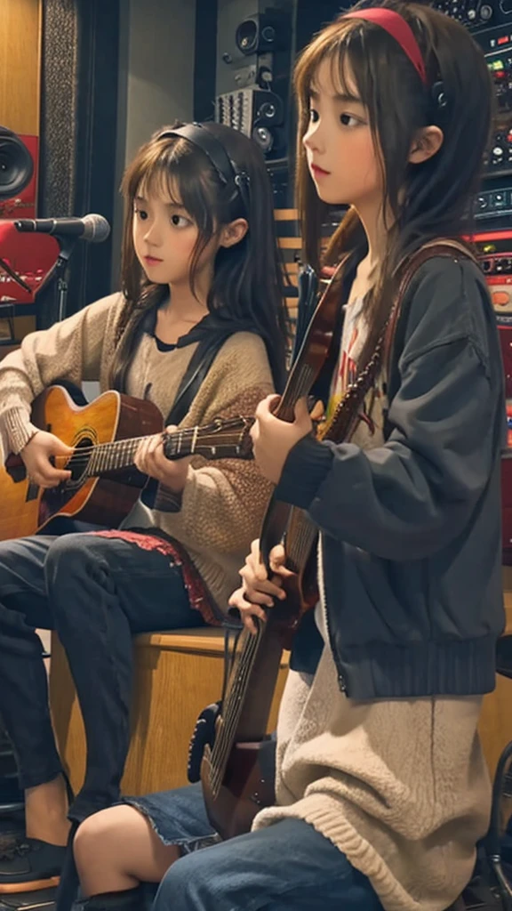 girl with piano and hot boy with guitar sitting in music studio for singing.