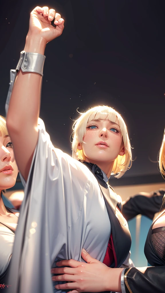 (((Perfect body,White and tender skin,(((BLACK KIMONO, CLEAVAGE, VAMBRACES,))),(((Samui, blue eyes, blonde hair, short hair, bangs, blunt bangs,))),((masterpiece)),high resolution, ((Best quality at best)),masterpiece,quality,Best quality,((( Exquisite facial features,Looking at the audience,There is light in the eyes,blush,Happy,lol))),Look up at the sky,Raise a hand,From below))),(((Light and shadow,Huge breasts))),(((Looking at the camera,black background,)))),