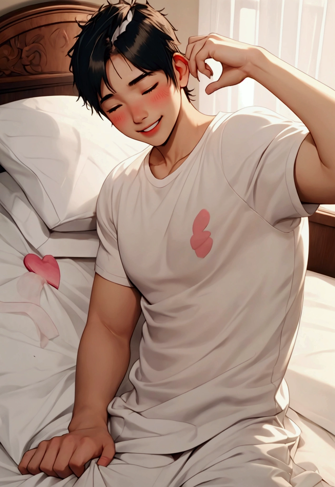 Missionaries, Sex, Vaginal, One girl, One boy, penis, Lie in, White T-shirt, Bottomless, Medium Hair,( Two-tone hair ), No correction, Voice of the Heart, smile, Mouth closed, blush,