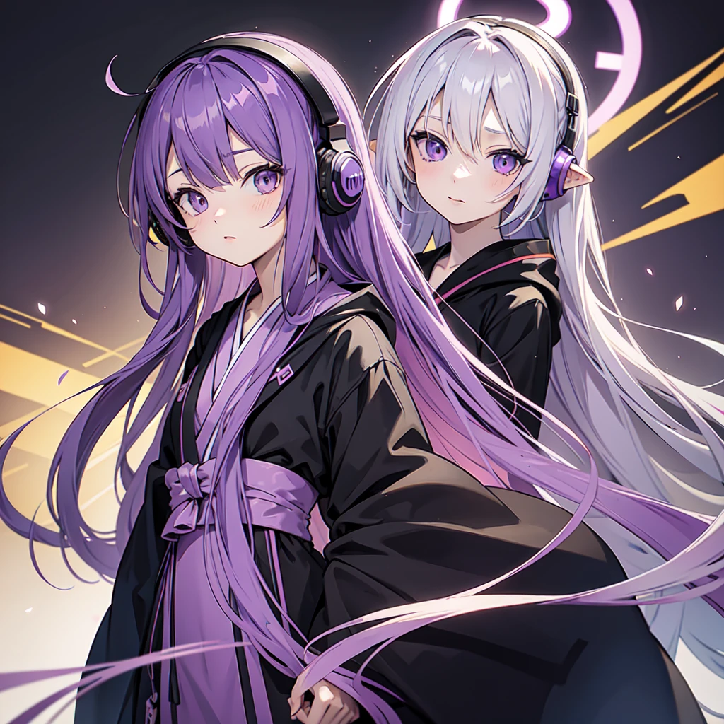 Anime girl with long purple hair and black robe. Pointy ears. Cute as in manga. Headphones. Front facing