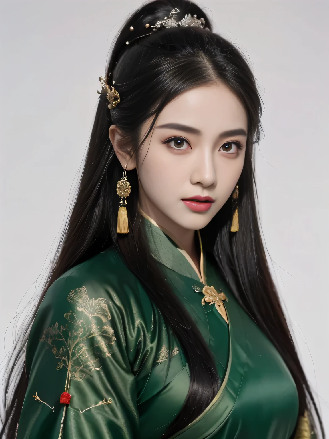 1 girl, Actress, Handsome, Ink splash, Chinese armor, (Upper Body), Black Hair, Flowing hair, Exquisite eyes, Black and green ancient silk Hanfu, Field of view, (F1.8), (masterpiece), (Portraits), front Photo, White background, (poster), arms