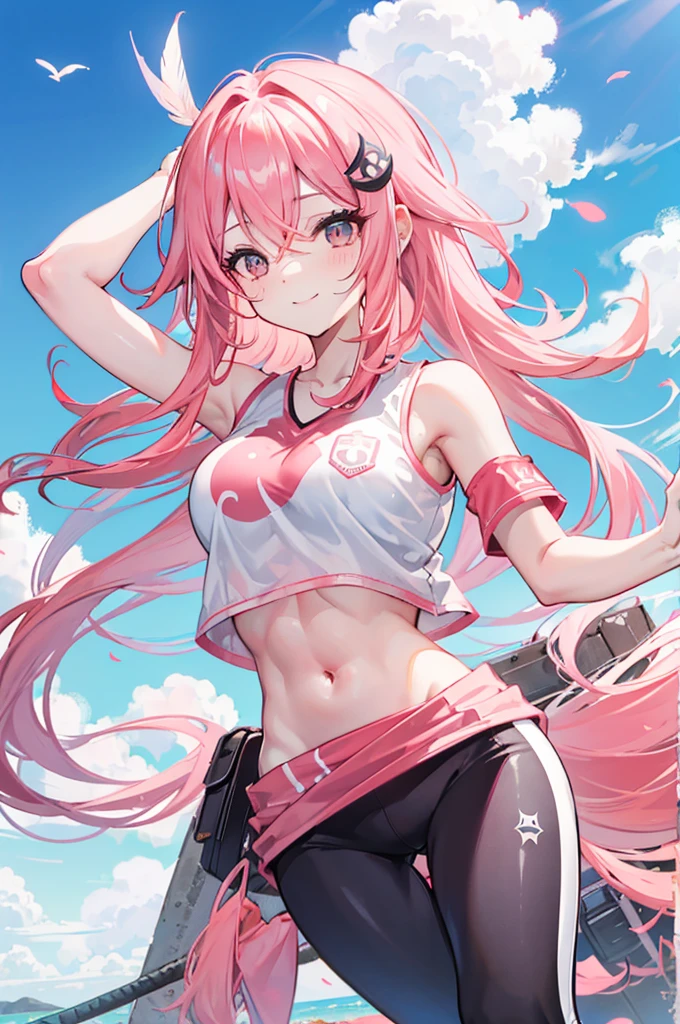 Coral pink hair,Long hair,hair over one eye,Gray eyes,feather hair ornament,cute,Girl,Smiling expression,Happy and happy expression,White sports vest,Abdominal muscles,Vest line,Yoga Pants,Wet on the body,whole body,Above ground,Don't show your arms,The background is the square,Blue sky and white clouds