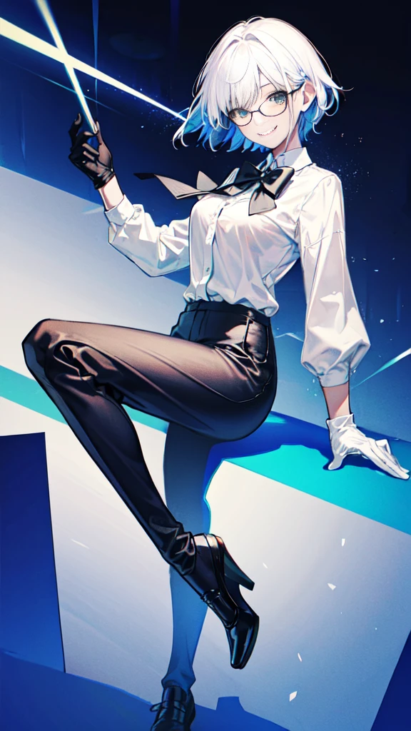 sketch of woman character artist in formal clothes and glasses, wearing a white shirt and black tie, 1girl, dark skin, solo, gloves, dark-skinned female, white hair, pants, short hair, shirt, black gloves, bow, black pants, glasses, breasts, bowtie, smile, white shirt, looking at viewer, long sleeves, full body, ((Leg Crossing ))