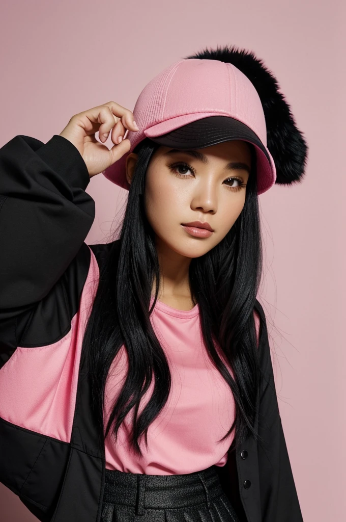 Loose black hair pink hat and the edge has pink furry black shirt with pink black pants with pink and a hand on the face light pink
