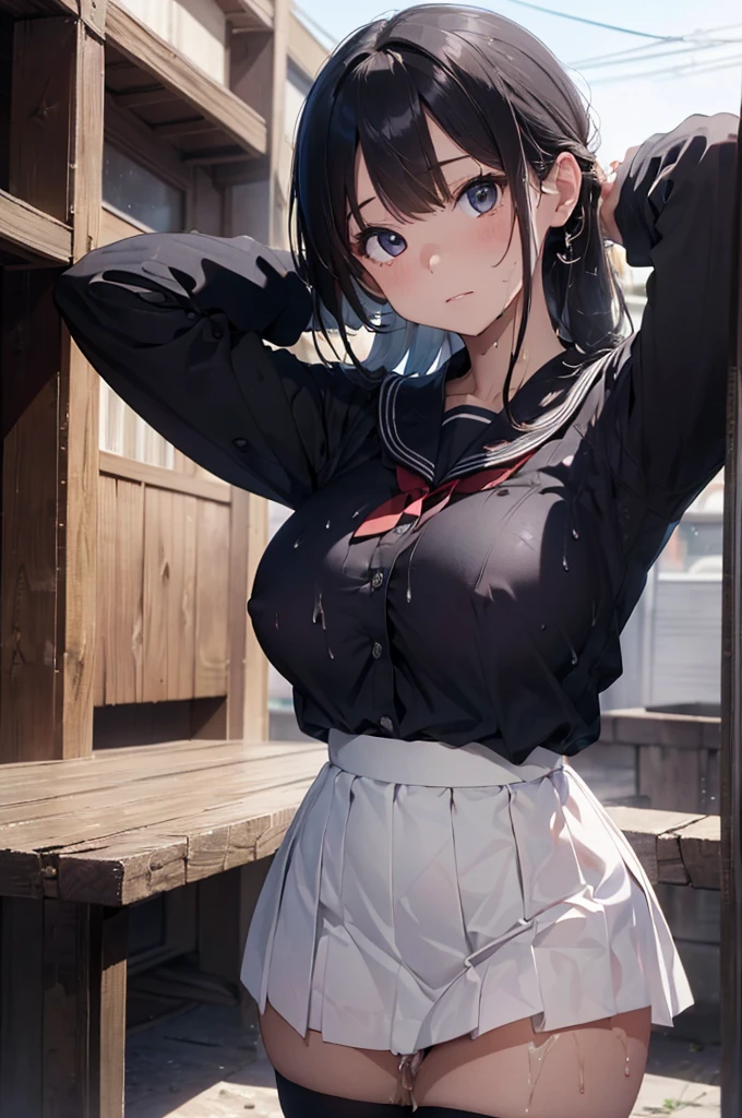 (in 8K), ((ultra-quality)), (looking up), (upward glance), (Bukkake:1.5), (front view), (in 8K), (arms behind head:1.5), ultla highres, Hyper Detailed, High contrast, Ultrafine Strike, creative refinement, absurdres, Realistic, extremely detailed CG unified 8k wallpaper, Highly detailed, High-definition raw color photos, professional photograpy, Realistic portrait, Cinematic Light, Beautiful detailed, 28 years old woman, (realistic skin:1.3), (shiny skin), (Best Quality:1.4), Super Detail, High quality, ​master piece, lifelike, (After SEX), Bukkake, Perfect face, (Sharp Focus), (Cowboy shot), (close up), Delicate Beautiful Hair and Eyes and Face, Delicate eyes, radiant eyes, Lifelike, Hyper-detailing, (Wearing a black sailor uniform with black shirt:1.3), (school costume), (black sailor collar), (black japanese school shirt), (mini pleated skirt), (panties), (sheer pussy), (no tie), (no bra), (Sheer areola), (Sheer erected nipples), (black pleated shirt), (colossal breasts:1.5), (large breasts:1.6), (Beautiful breasts:1.5), (covered breasts:1.5), (wet), (arms behind head), Beautiful cute woman, camel-toe details, (SFW), wet clothes, pale black eyes, (dark hair), (asymmetrical bangs),