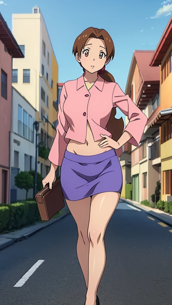 In anime, a girl with light skin, sexy, cute, leaders, long brown hair, her brown eye, wears a pink button-down blouse, shows her navel, and a short blue skirt, black shoe, she travels, flying, sky background, city.