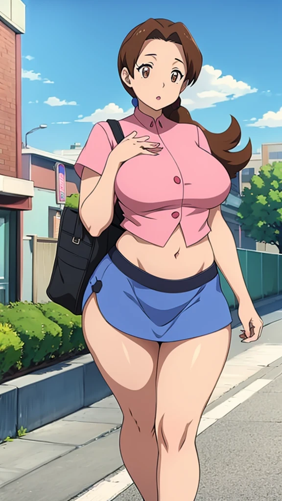 In anime, a girl with light skin, sexy, cute, leaders, long brown hair, her brown eye, wears a pink button-down blouse, shows her navel, and a short blue skirt, black shoe, she travels, flying, sky background, city.