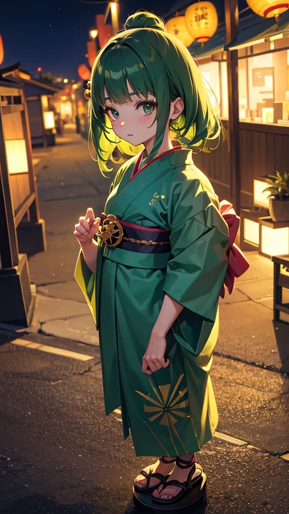 green hair girl, japanese festival dress, yukata, detailed face, night japanese festival background, holds a little star, high definition, rtx lighting, full body focus.