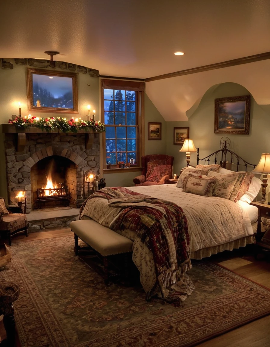 arafed bedroom with a fireplace and a bed with a blanket, thomas kinkade. cute cozy room, cozy and calm, cozy setting, very cozy, cozy wallpaper, cozy room, cozy place, cozy and peaceful atmosphere, cosy enchanted scene, cozy candlelight, cozy environment, cozy bed, soothing and cozy landscape, cozy atmosphere, cosy fireplace
