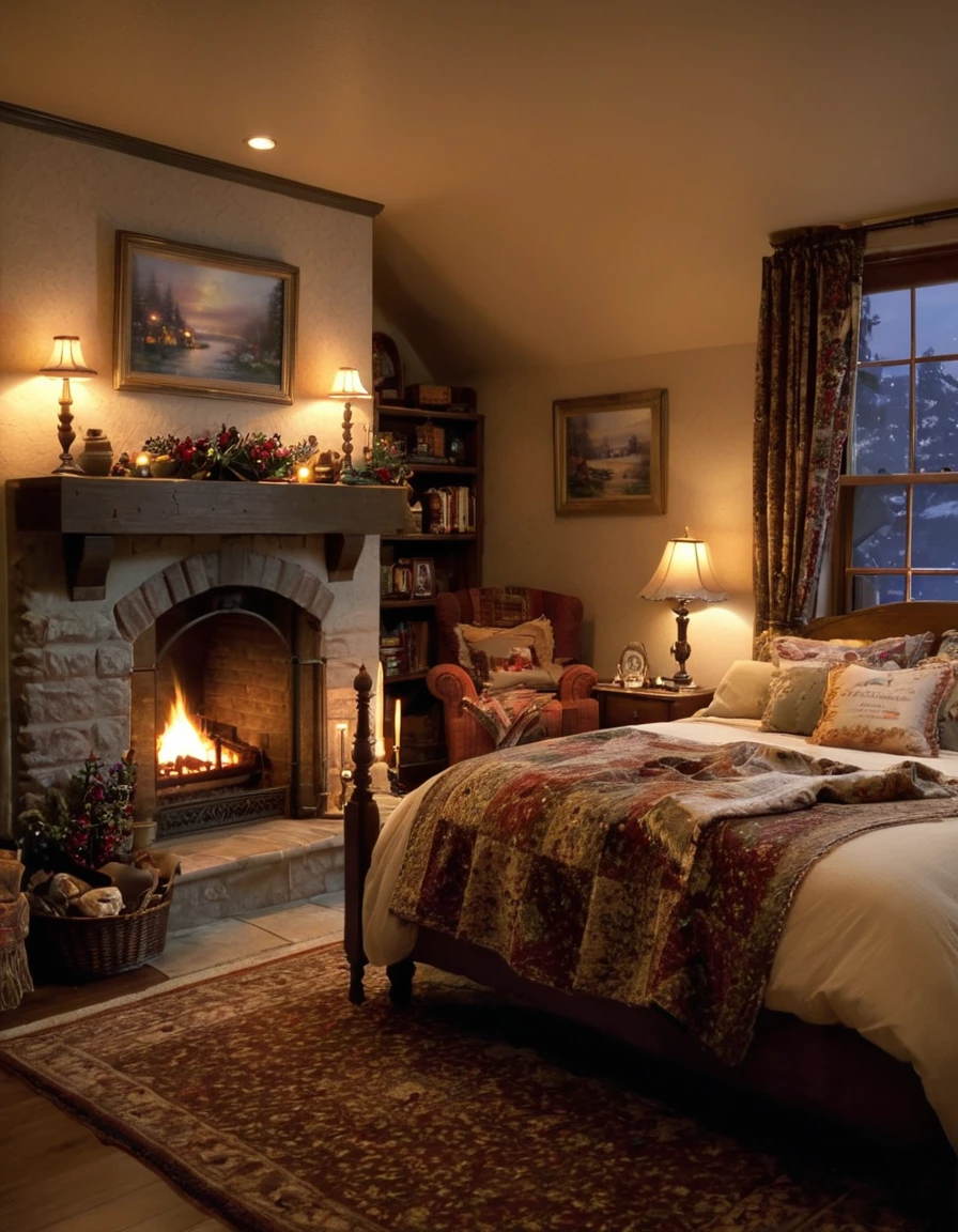 arafed bedroom with a fireplace and a bed with a blanket, thomas kinkade. cute cozy room, cozy and calm, cozy setting, very cozy, cozy wallpaper, cozy room, cozy place, cozy and peaceful atmosphere, cosy enchanted scene, cozy candlelight, cozy environment, cozy bed, soothing and cozy landscape, cozy atmosphere, cosy fireplace