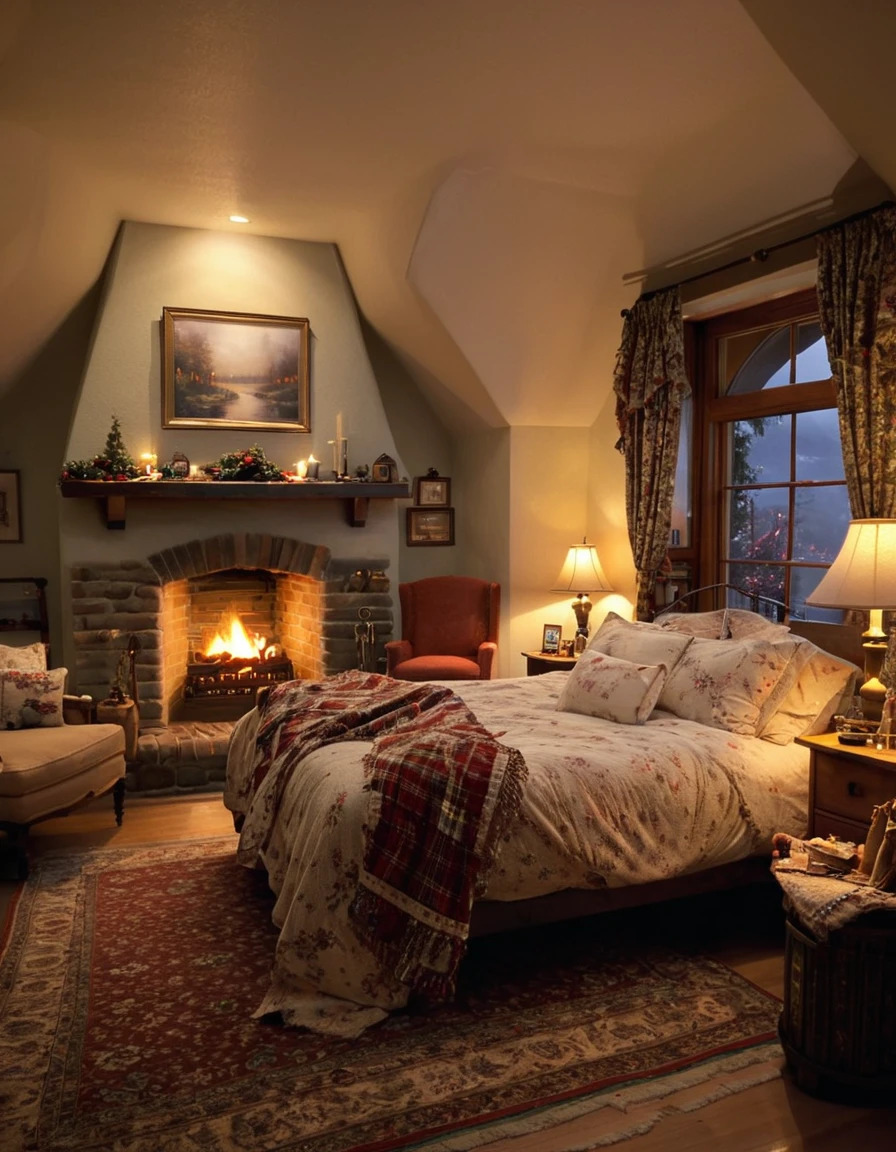 arafed bedroom with a fireplace and a bed with a blanket, thomas kinkade. cute cozy room, cozy and calm, cozy setting, very cozy, cozy wallpaper, cozy room, cozy place, cozy and peaceful atmosphere, cosy enchanted scene, cozy candlelight, cozy environment, cozy bed, soothing and cozy landscape, cozy atmosphere, cosy fireplace