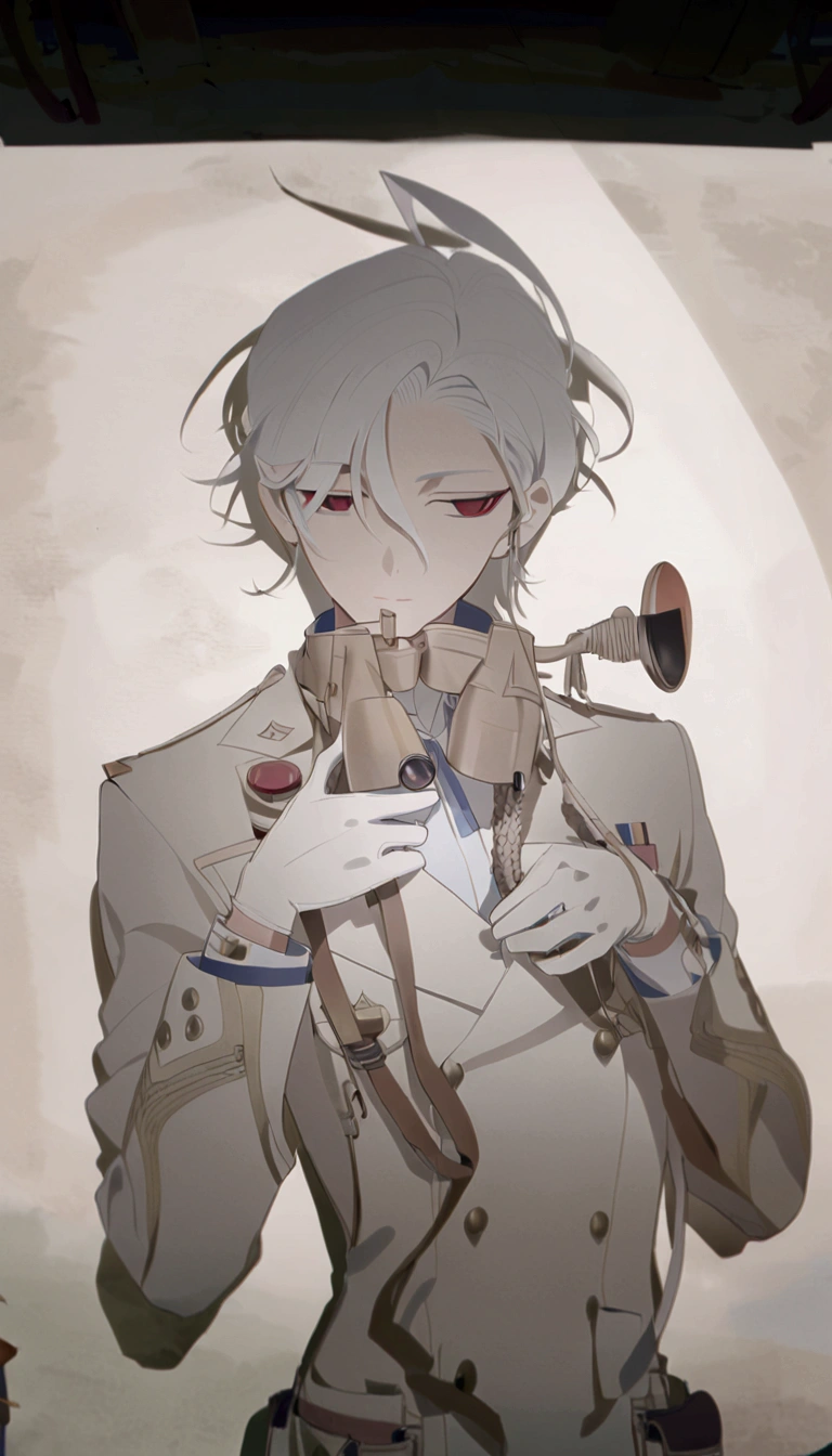 Coloring the line drawing,White hair,Blue tuxedo,White gloves,Red eyes,Brown binoculars around the neck,detail,Light and Shadow,shadow
