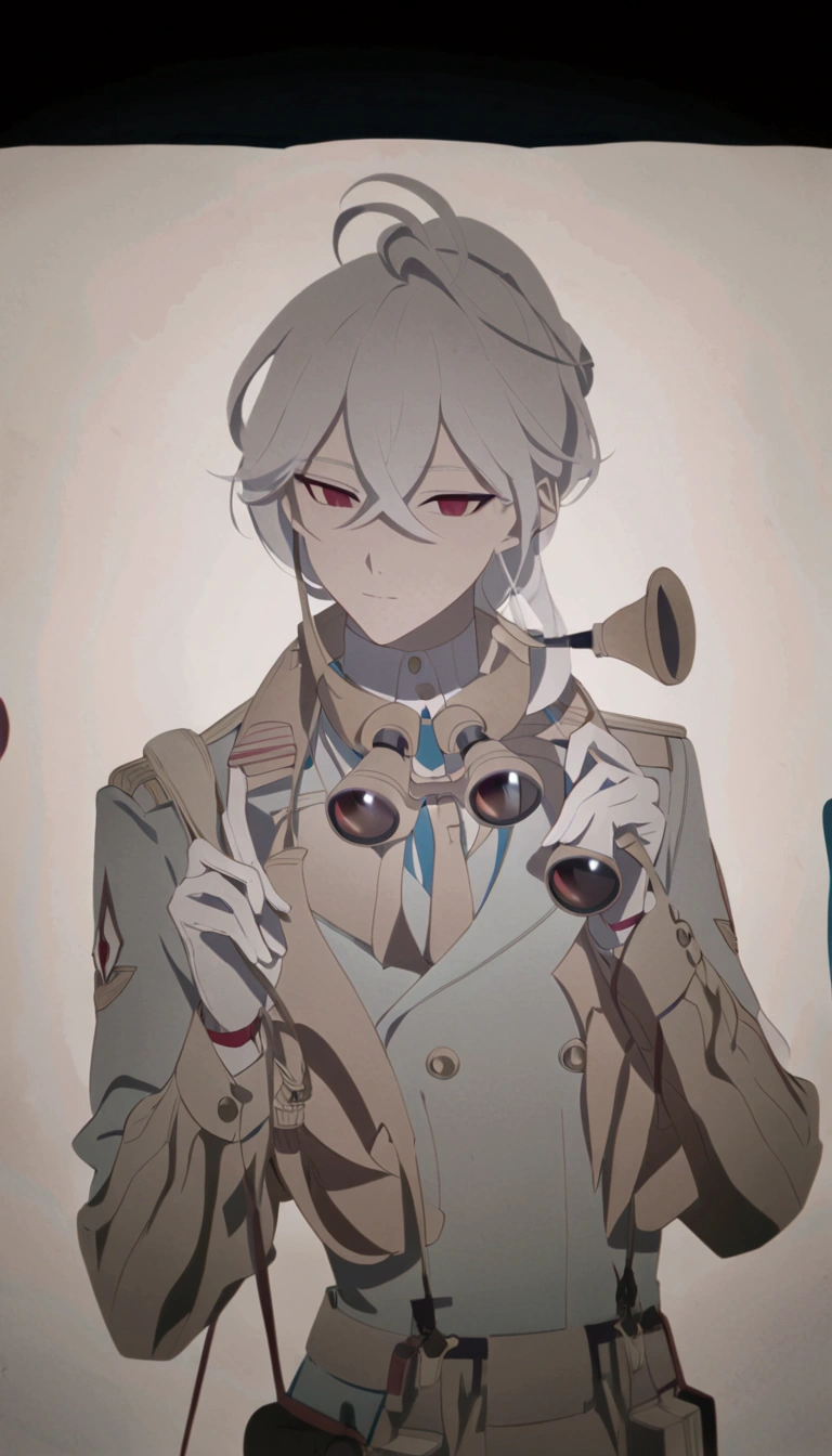 Coloring the line drawing,White hair,Blue tuxedo,White gloves,Red eyes,Brown binoculars around the neck,detail,Light and Shadow,shadow