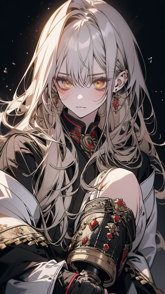 (Top resolution、Distinct_image)top-quality、A girl 、masterpiece、highly detailed, half body, Semi-realistic、yellow eyes 、18year old, silver hair,young 、Exquisite facial features、Facial features ,variation potrait, long hairstyles, teenage, cool , cold sharp eyes, An expression of despair., lifeless eyes, blood on face, , {Very detailed 8k CG unit wallpaper}, Handsome, solo, female, , loyalty ,Japanese kimono, detailed eyes, beautiful eyes, gorgeous body , holding a sword , cool , warriors, guardians
