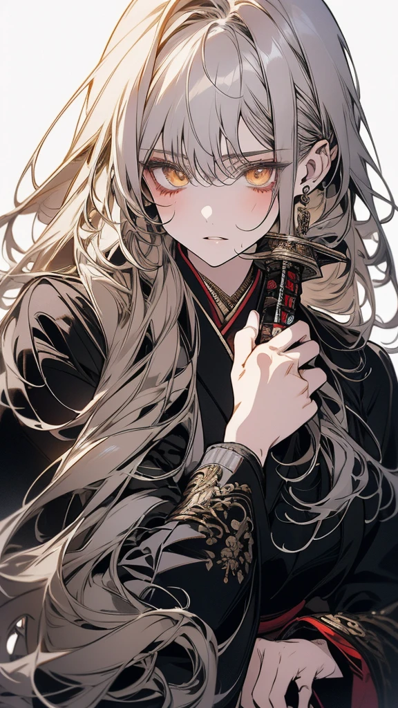 (Top resolution、Distinct_image)top-quality、A girl 、masterpiece、highly detailed, half body, Semi-realistic、yellow eyes 、18year old, silver hair,young 、Exquisite facial features、Facial features ,variation potrait, long hairstyles, teenage, cool , cold sharp eyes, An expression of despair., lifeless eyes, blood on face, , {Very detailed 8k CG unit wallpaper}, Handsome, solo, female, , loyalty ,Japanese kimono, detailed eyes, beautiful eyes, gorgeous body , holding a sword , cool , warriors, guardians