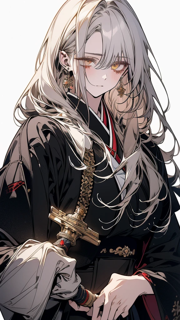 (Top resolution、Distinct_image)top-quality、A girl 、masterpiece、highly detailed, half body, Semi-realistic、yellow eyes 、18year old, silver hair,young 、Exquisite facial features、Facial features ,variation potrait, long hairstyles, teenage, cool , cold sharp eyes, An expression of despair., lifeless eyes, blood on face, , {Very detailed 8k CG unit wallpaper}, Handsome, solo, female, , loyalty ,Japanese kimono, detailed eyes, beautiful eyes, gorgeous body , holding a sword , cool , warriors, guardians