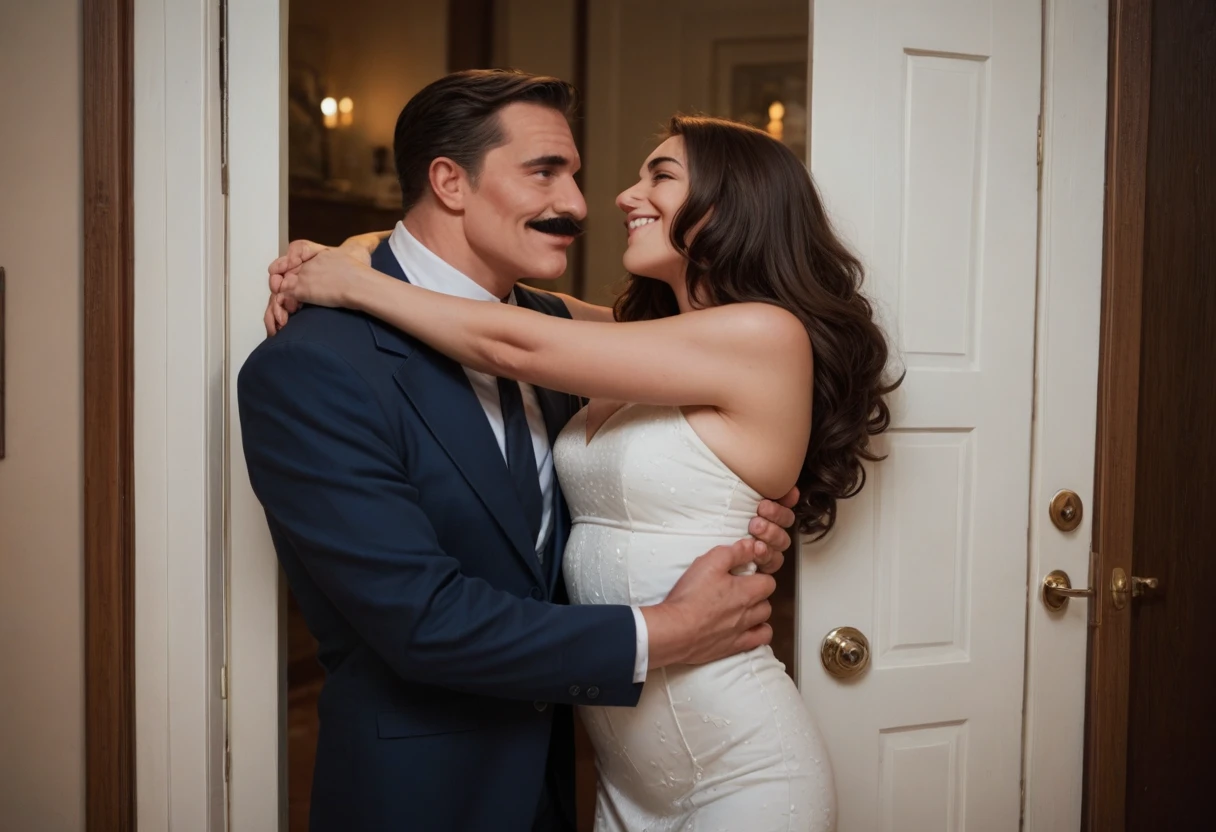The man in his 45s with black very short hair and smooth face with moustache. The woman in her 45s with brown wavy long hair. The woman is wearing a white dress. The man is wearing a dark blue suit with tie. The man carries the woman in his arms. They are looking at each other with love. They enter the door of the house. Ultra realistic.