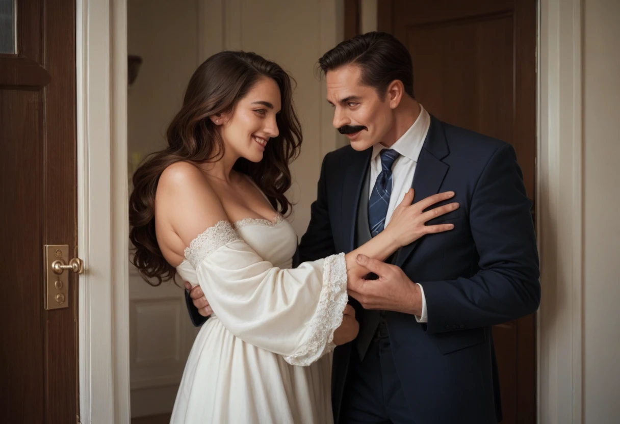 The man in his 45s with black very short hair and smooth face with moustache. The woman in her 45s with brown wavy long hair. The woman is wearing a white dress. The man is wearing a dark blue suit with tie. The man carries the woman in his arms. They are looking at each other with love. Smiling. They enter the door of the house. Ultra realistic.