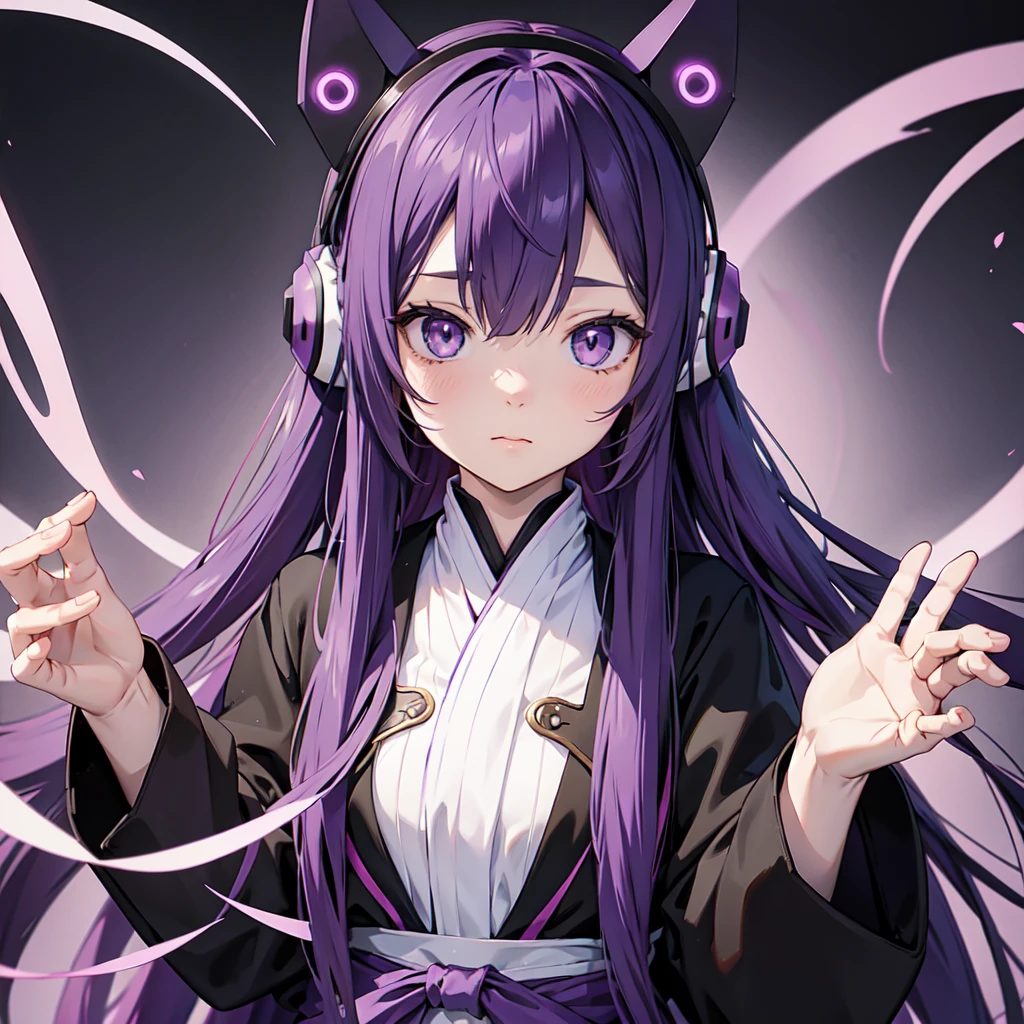 Anime girl with long purple hair and black robe. Pointy ears. Cute as in manga. Headphones. Front facing