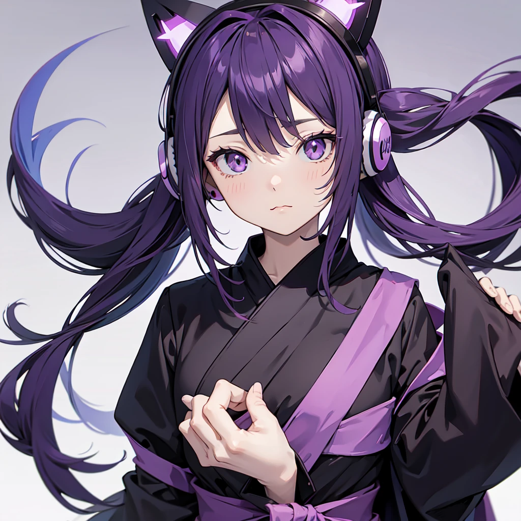 Anime girl with long purple hair and black robe. Pointy ears. Cute as in manga. Headphones. Front facing