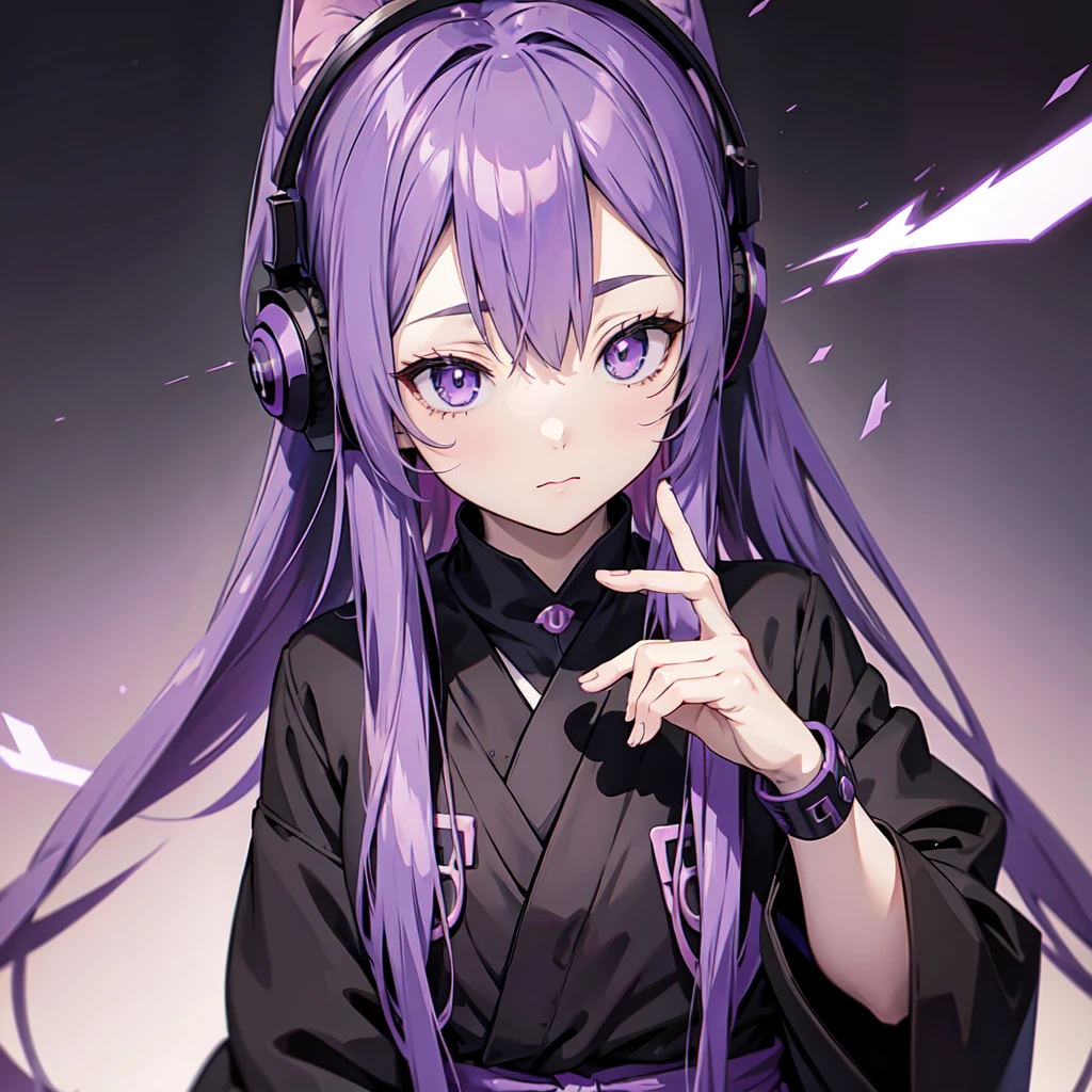Anime girl with long purple hair and black robe. Pointy ears. Cute as in manga. Headphones. Front facing