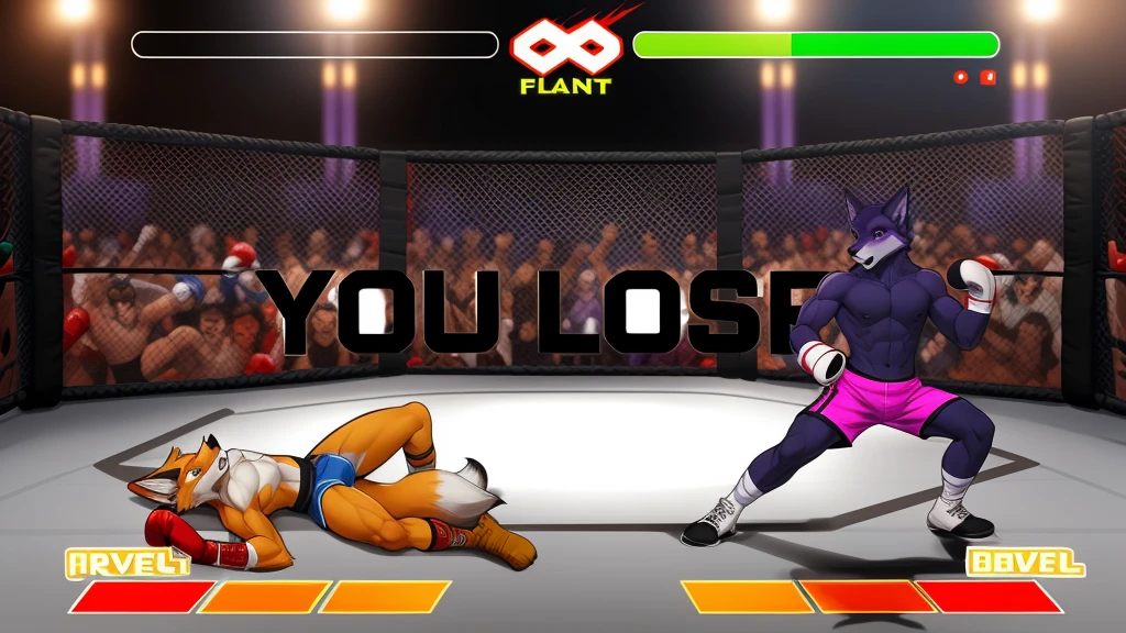 a detailed picture of a boxing match (male anthros, two boy), slim body, slim features, in a boxing ring, Ross Tran, ruan jia, trending on artstation, foxovh,User Interface of Fighting game, Crisis, assorted poses, assorted expression, full body, sound effects, motion blur, from side, ((fox, blue shorts, knocked out on the floor)), (((purple wolf, white shorts, boxing pose))) “VS”