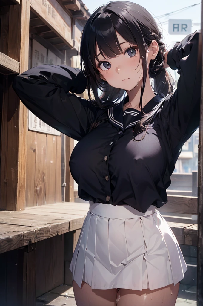 (in 8K), ((ultra-quality)), (looking up), (upward glance), (Bukkake:1.5), (front view), (in 8K), (arms behind head:1.5), ultla highres, Hyper Detailed, High contrast, Ultrafine Strike, creative refinement, absurdres, Realistic, extremely detailed CG unified 8k wallpaper, Highly detailed, High-definition raw color photos, professional photograpy, Realistic portrait, Cinematic Light, Beautiful detailed, 28 years old woman, (realistic skin:1.3), (shiny skin), (Best Quality:1.4), Super Detail, High quality, master piece, lifelike, (After SEX), Bukkake, Perfect face, (Sharp Focus), (Cowboy shot), (close up), Delicate Beautiful Hair and Eyes and Face, Delicate eyes, radiant eyes, Lifelike, Hyper-detailing, 1lady(Wearing a black sailor uniform with black shirt:1.3), (school costume), (black sailor collar), (black japanese school shirt), (mini pleated skirt), (panties), (sheer pussy), (no tie), (no bra), (Sheer areola), (Sheer erected nipples), (black pleated shirt), (colossal breasts:1.5), (large breasts:1.6), (Beautiful breasts:1.5), (covered breasts:1.5), (wet), (arms behind head), Beautiful cute woman, camel-toe details, (SFW), wet clothes, pale black eyes, (dark hair), (asymmetrical bangs),
