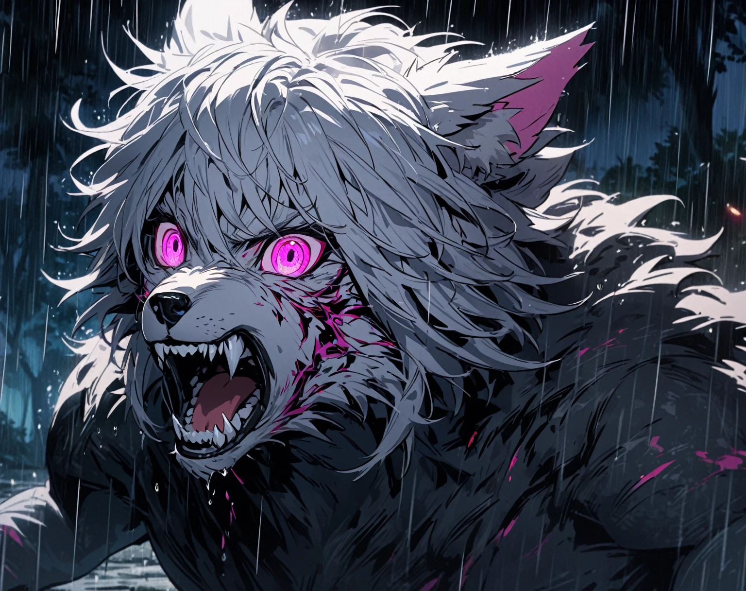 1 men, short white hair, pink eyes, Kitten ears, Wearing a black long sleeve shirt, wearing gloves, slightly muscular body, at night, raining, front view, at a forest, 4K, bright coloured, tall quality, close up no rosto, pretty detailed eyes, well-detailed face, wolf prey, roaring