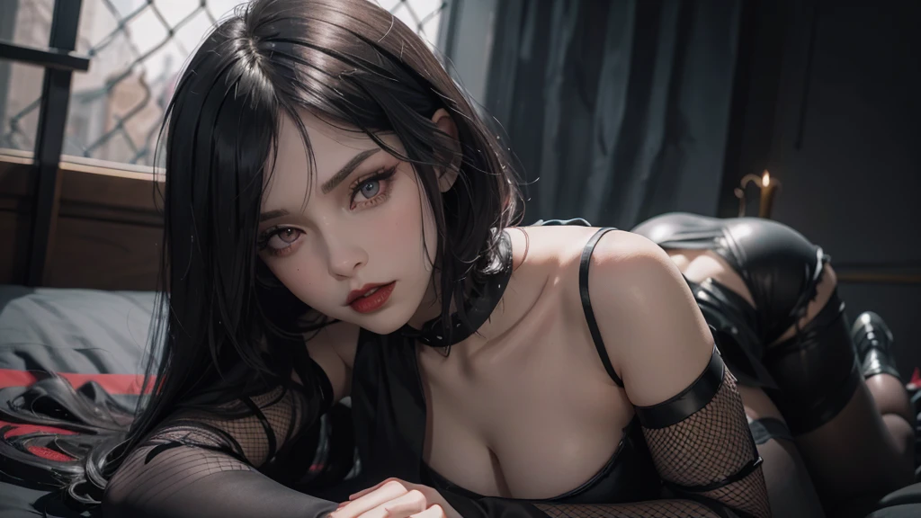 (best quality,highres),(realistic:1.37),dark,goth,woman, eyes,detailed face,black clothes,bobcut black hair,straight bangs,pale skin,red lipstick,intense expression,mysterious atmosphere,gothic background,dim lighting,night,vivid colors, fishnets, topless, fullbody, on her hands and knees, submissive girl, thick thigs, imminent deepthroat, cumshot pose,