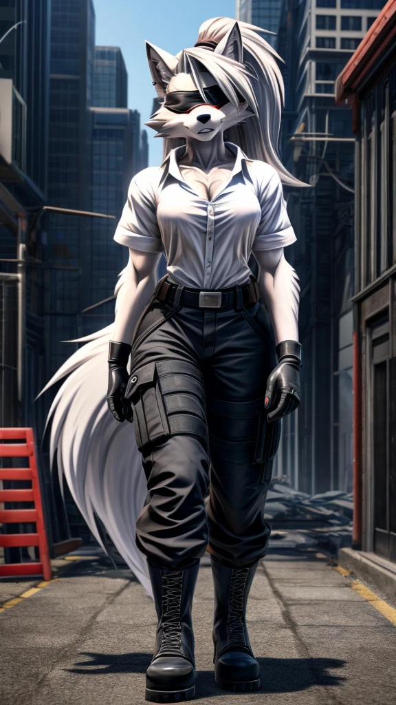 Loona from Helluva Boss, female wolf, anthro, adult, white soft hair with ponytail, blindf with white cloth, tall, muscular, white shirt, black cargo pants, black boots, black short tactical gloves, solo, beautiful, high quality, precise, full body, anime style, 4K