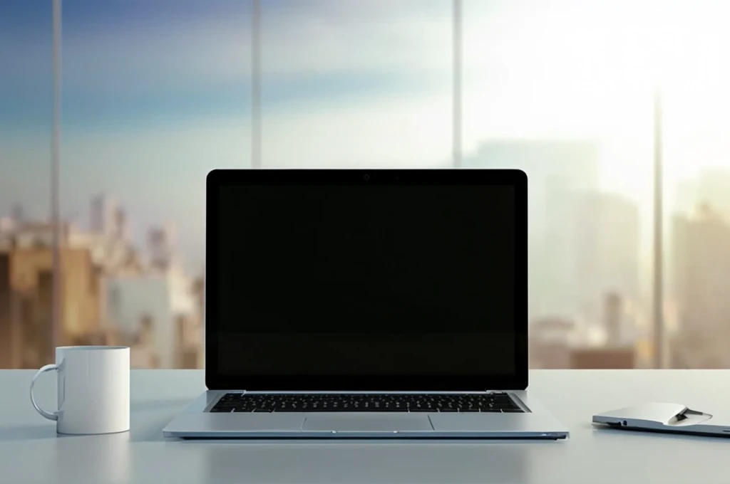 there is a retangular laptop computer sitting on a desk with a cup of coffee, wide-screen, laptop, working on a laptop at a desk, a computer rendering, pc screen image, office background, computer, computer cgi, high quality image, laptops, in front of a computer, wide screen, computer render, widescreen, large screen, 8k