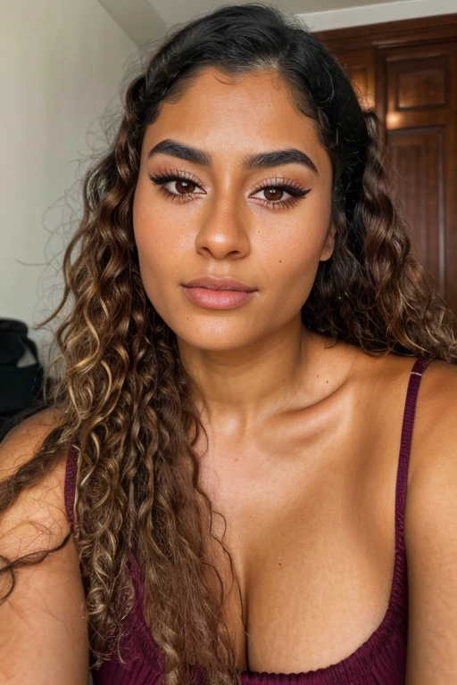 realistic detailed portrait of amaya su, 21 years old, frontal face, beautiful, brown hair, dark skin, fit, ultra-realistic, highly detailed, photorealistic, 8k, detailed eyes, sharp focus, natural lighting, warm colors, beautiful skin, perfect facial features, intricate details, seamless blending, hyper-realistic, cinematic lighting, curly hair