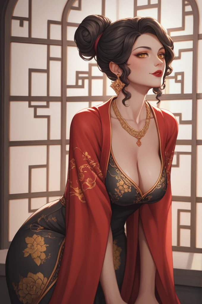 score_9, score_8_up, score_7_up, score_6_up, score_5_up, score_4_up, xian mei, golden eyes, red curly hair, big, black and gold dress, necklace, drop hanging earrings, long earrings, red lipstick, detailed eyes, bare feet, hair bun, chinese style bedroom, traditional wear, sexy attractive, hot black fur robe, middle age, traditional,