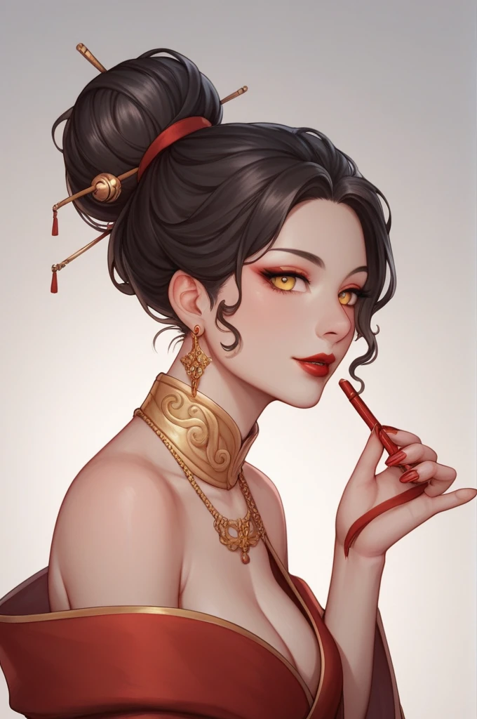 score_9, score_8_up, score_7_up, score_6_up, score_5_up, score_4_up, xian mei, golden eyes, red curly hair, big, black and gold dress, necklace, drop hanging earrings, long earrings, red lipstick, detailed eyes, bare feet, hair bun, chinese style bedroom, traditional wear, sexy attractive, hot black fur robe, middle age, traditional,