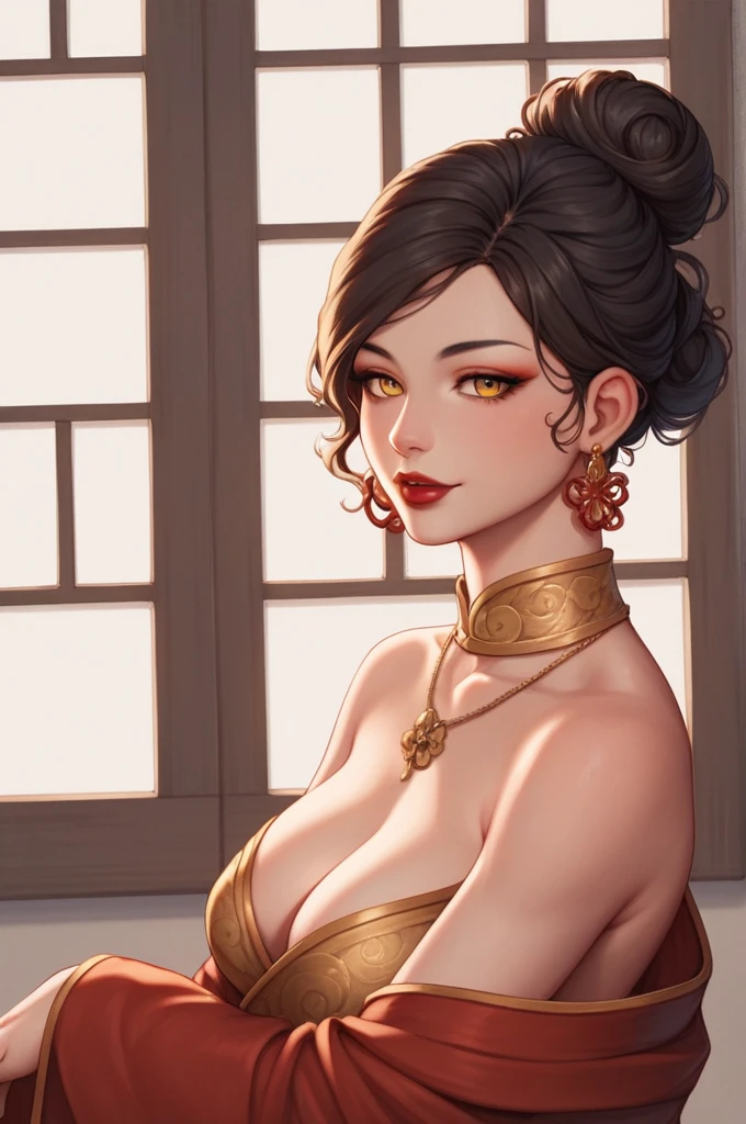 score_9, score_8_up, score_7_up, score_6_up, score_5_up, score_4_up, xian mei, golden eyes, red curly hair, big, black and gold dress, necklace, drop hanging earrings, long earrings, red lipstick, detailed eyes, bare feet, hair bun, chinese style bedroom, traditional wear, sexy attractive, hot black fur robe, middle age, traditional,