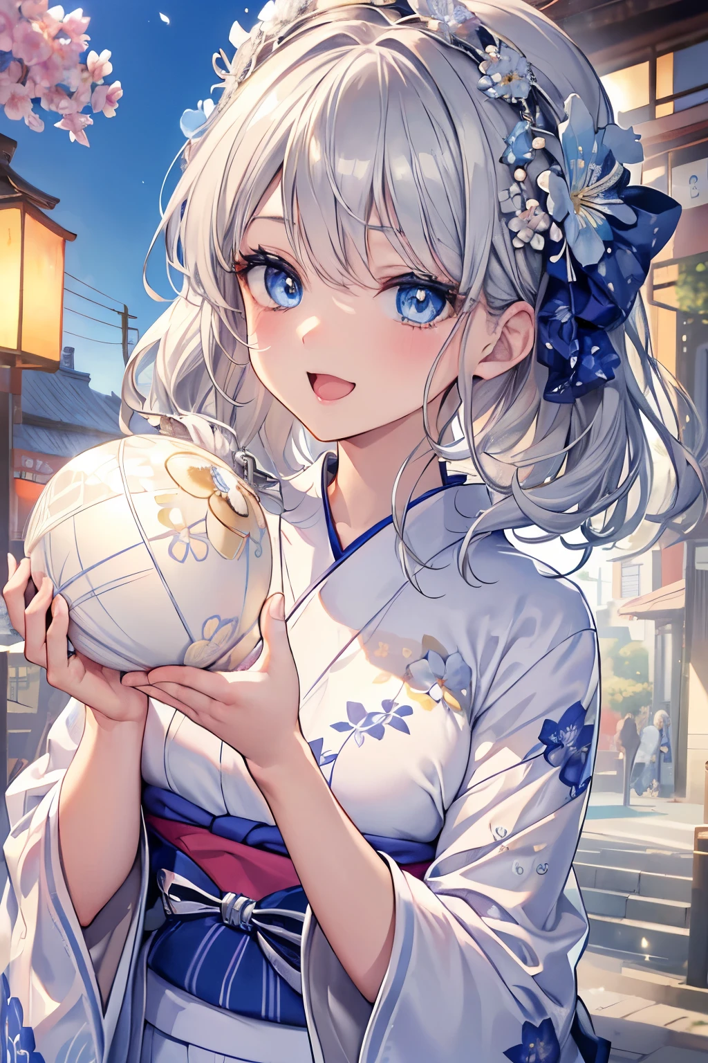 (Best quality,4K,8K,High resolution,Masterpiece:1.2),Super detailed,(Actual, Realistic),
break,
((Beautiful clear blue eyes:1.2)),very kind eyes,eyes wide open,beautiful eyelashes,beautiful lower eyelashes,
break,
((Beautiful and shiny silver hair:1.3)),A dazzling smile, a bursting smile, an open mouth laugh,
break,
(floral patterned yukata:1.3),
break,
((bust shot)),zoom in,Lantern Festival