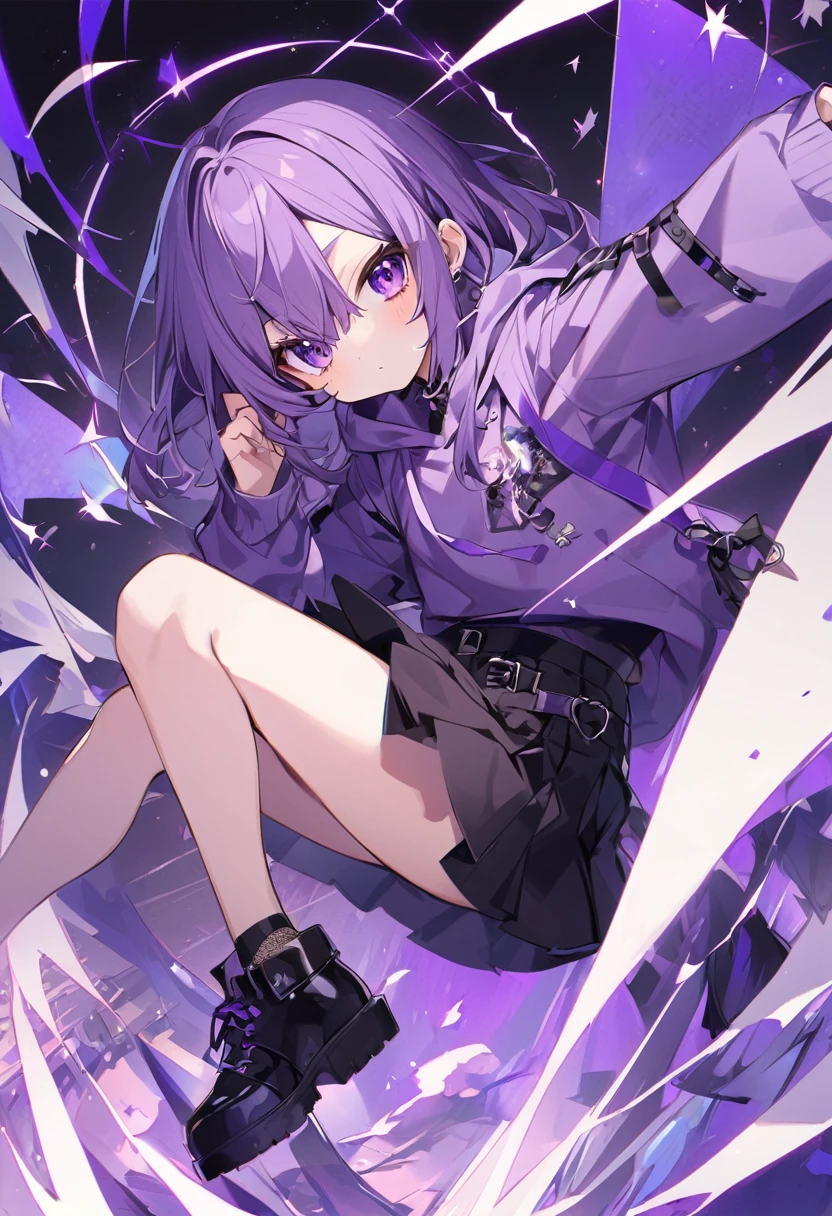 Keito。Purple hoodie。Black Skirt。Purple Eyes。Purple Hair。Black shoes下。Black shoes