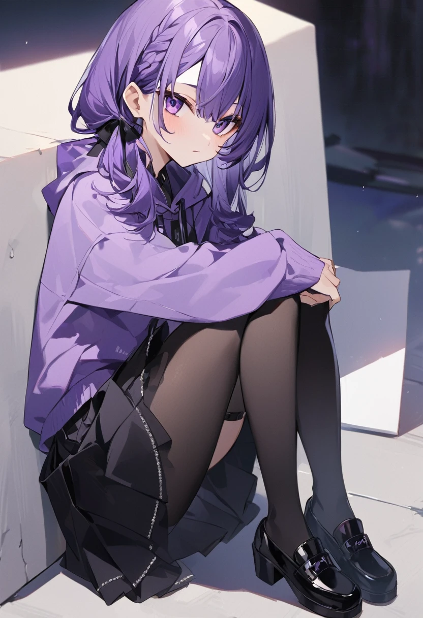 Keito。Purple hoodie。Black Skirt。Purple Eyes。Purple Hair。Black shoes下。Black shoes