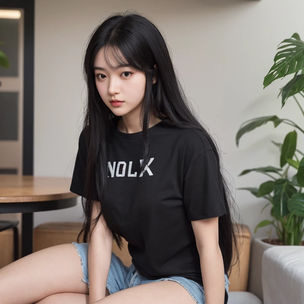 instagram photo, upscaled, ultra hd, ordinary photography, 55mm, realistic a woman 20 year old, Notchika, long hair weavy black, wearing summer tshirt