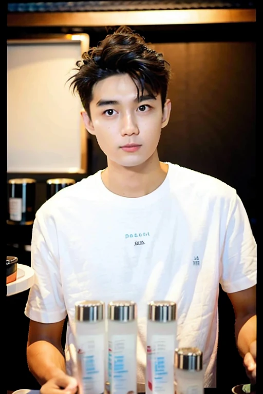 best quality, ultra high res, (photorealistic:1.4), masterpiece, Kodak portra 400, film grain, blurry background , bubble tea shop, solo,1 boys,Young man ,white skin, double eyelids,Crew cut,white t-shirt, posing, looking at viewer ,face focus,