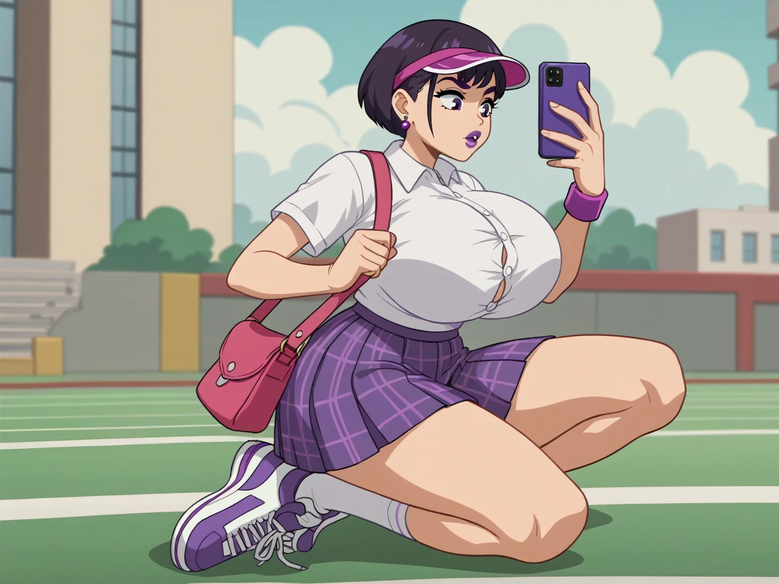 score_8_up, score_7_up, BREAK, screencap, solo, purple hair, teenage, short hair, purple eyes, larger breast, purple eyelids, purple eyebrows, large breast, purple lipstick, cellphone, digital camera, outdoors, washington d.c., purple purse, purple visor, short sleeve, white shirt with 3 buttons collar, purple plaid pleated skirt, white socks, purple and white tennis shoes, purple bracelet, purple earrings, blue sky, cloudy