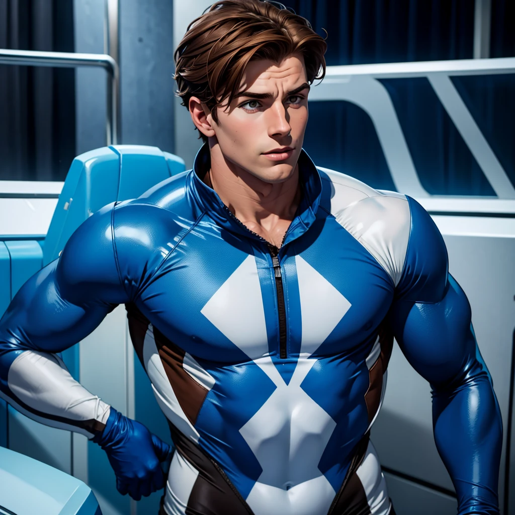 A boy with an ice suit and brown hair and a blue ribbon on his chest