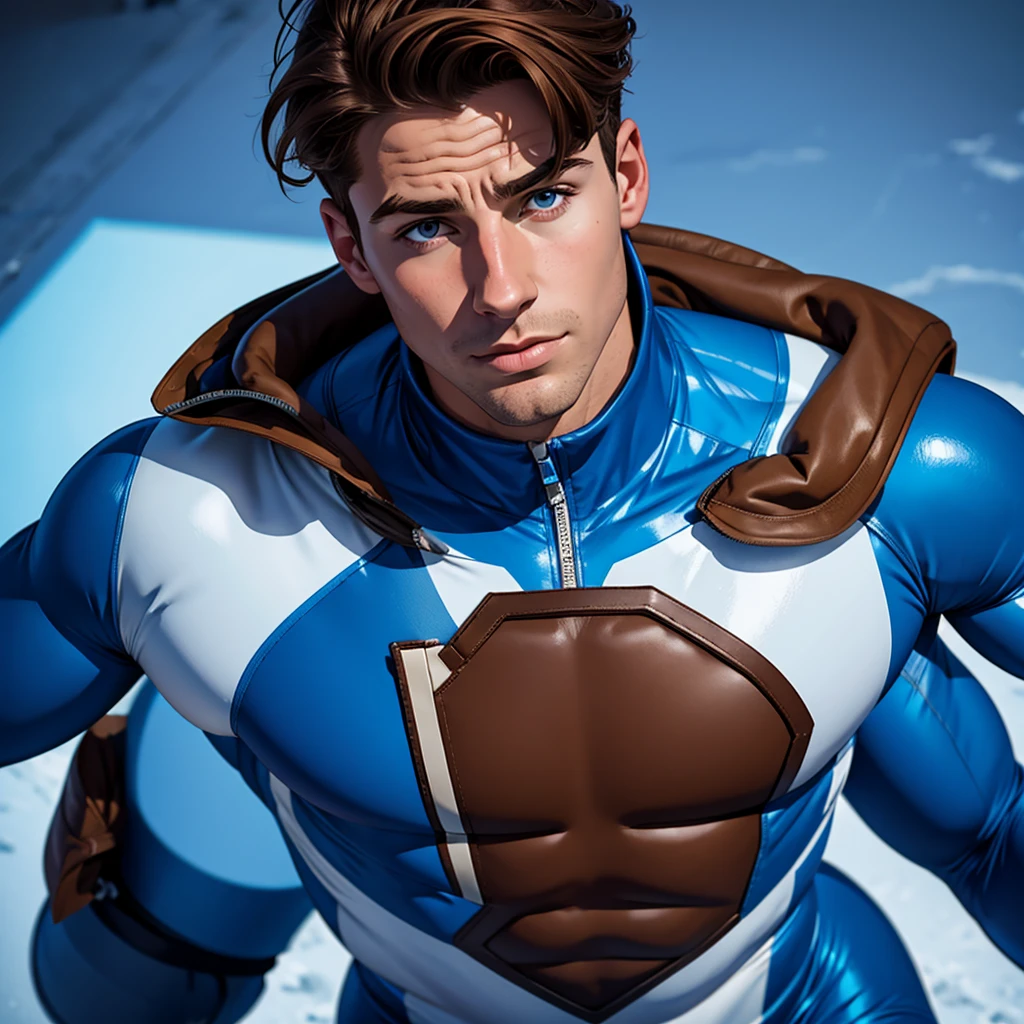A boy with an ice suit and brown hair and a blue ribbon on his chest