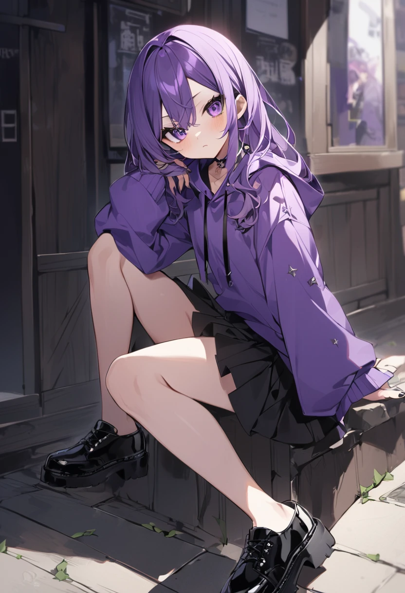 Keito。Purple hoodie。Black Skirt。Purple Eyes。Purple Hair。Black shoes下。Black shoes