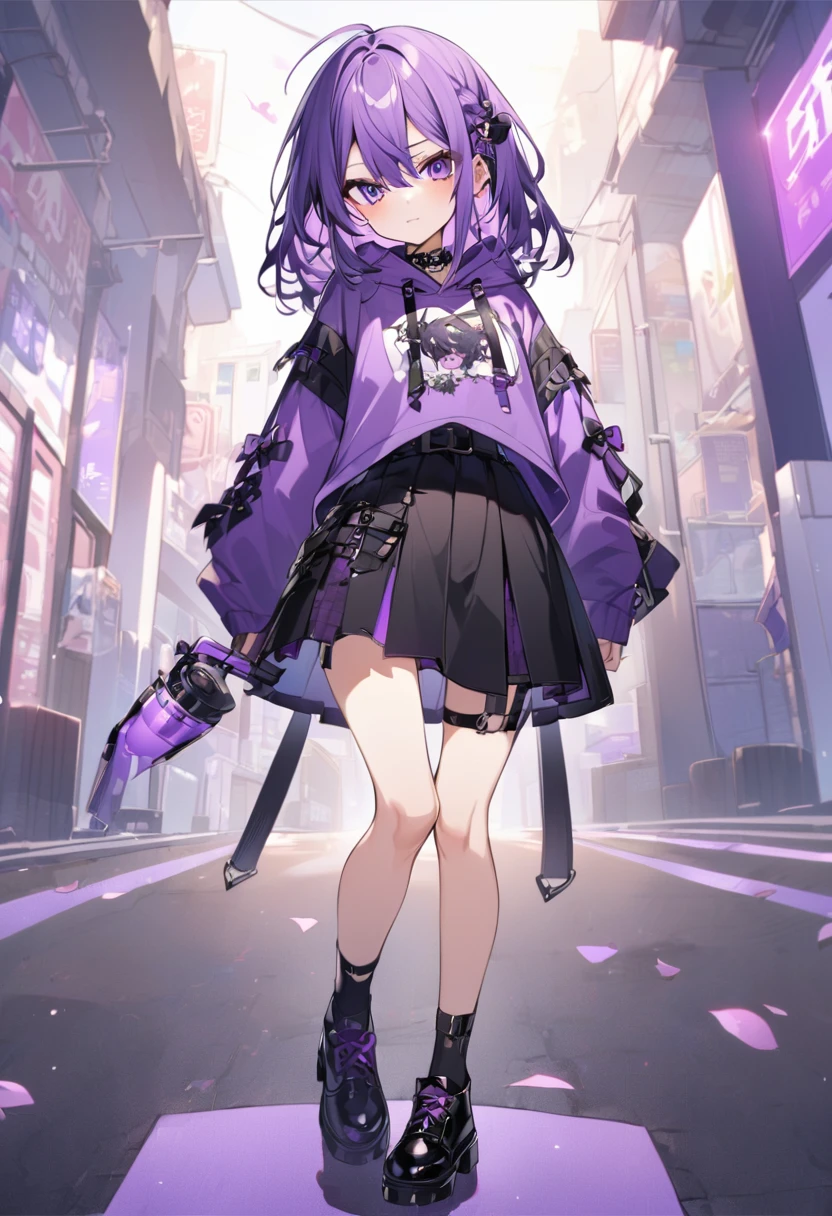 Keito。Purple hoodie。Black Skirt。Purple Eyes。Purple Hair。Black shoes下。Black shoes