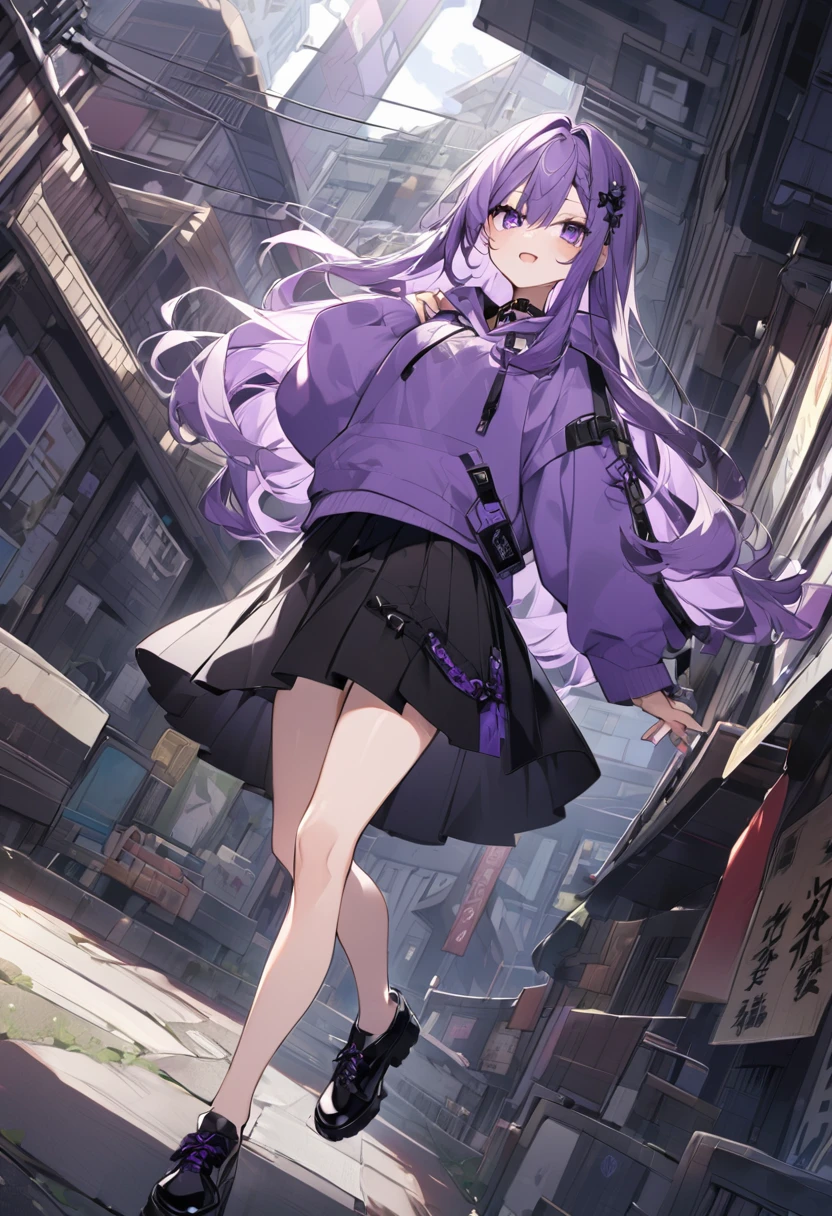 Keito。Purple hoodie。Black Skirt。Purple Eyes。Purple Hair。Black shoes下。Black shoes