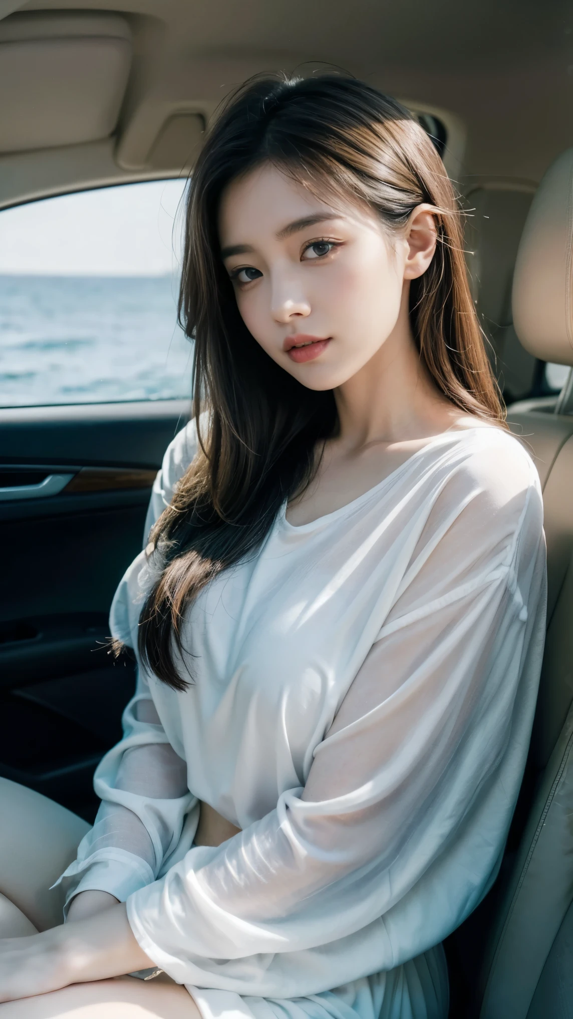 Create a serene portrait of a young woman (look forward) inside a car. She is wearing a loose-fitting white blouse. Sit on the left seat in car. Her eyes are looking sideways, natural medium breast, and she has a peaceful expression on her face, enjoying the moment. The background inside a car. The overall mood of the image is reflective and serene, capturing the essence of relaxation and peace by the sea.