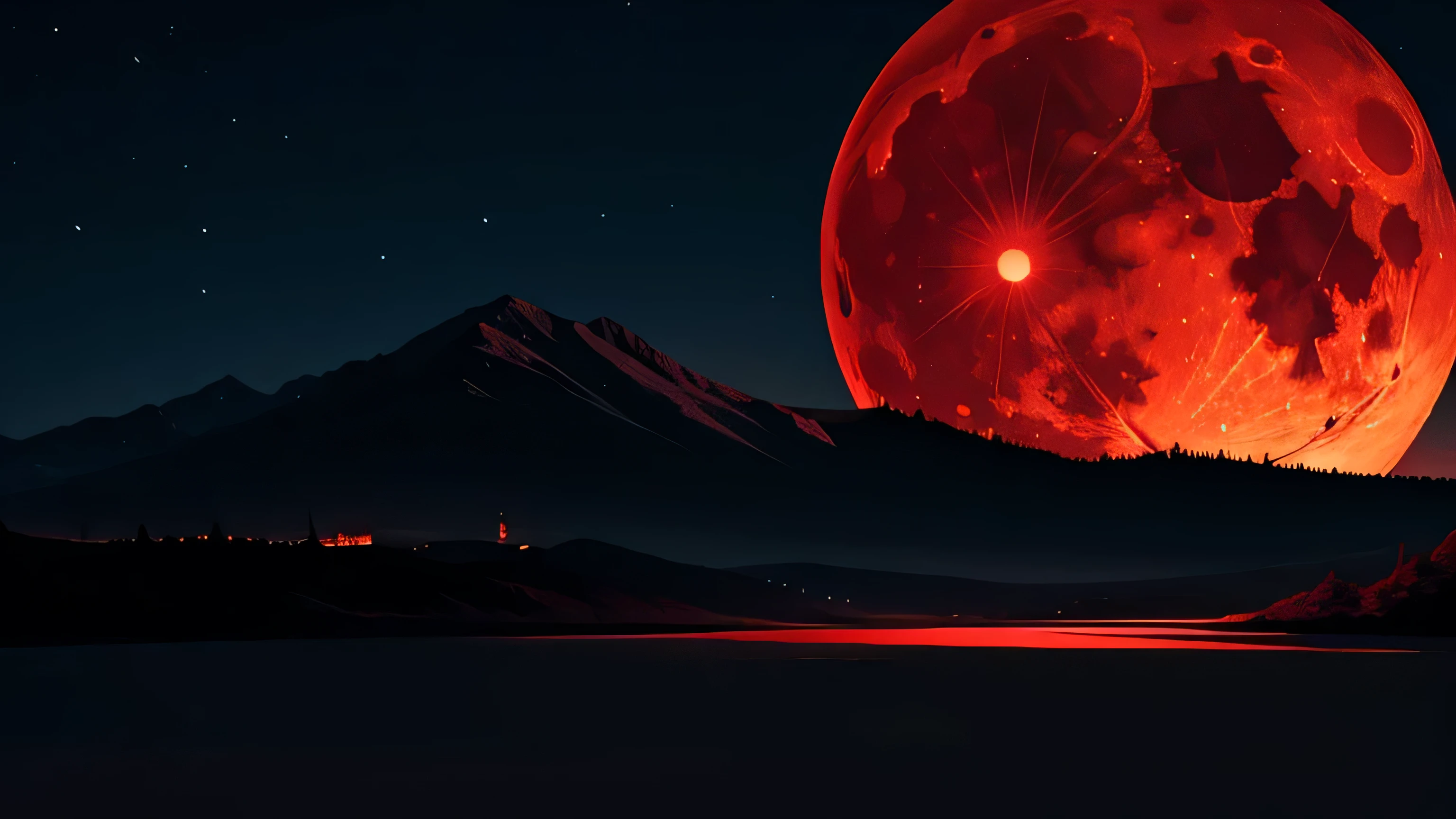 masterpiece, best quality, Official Art, 8k wallpaper, Simplicity, Simple background, Night, There is a big full moon on the right., Black mountain, Red accent color, bar, 2nd Anniversary, Flat,Dance performance silhouette