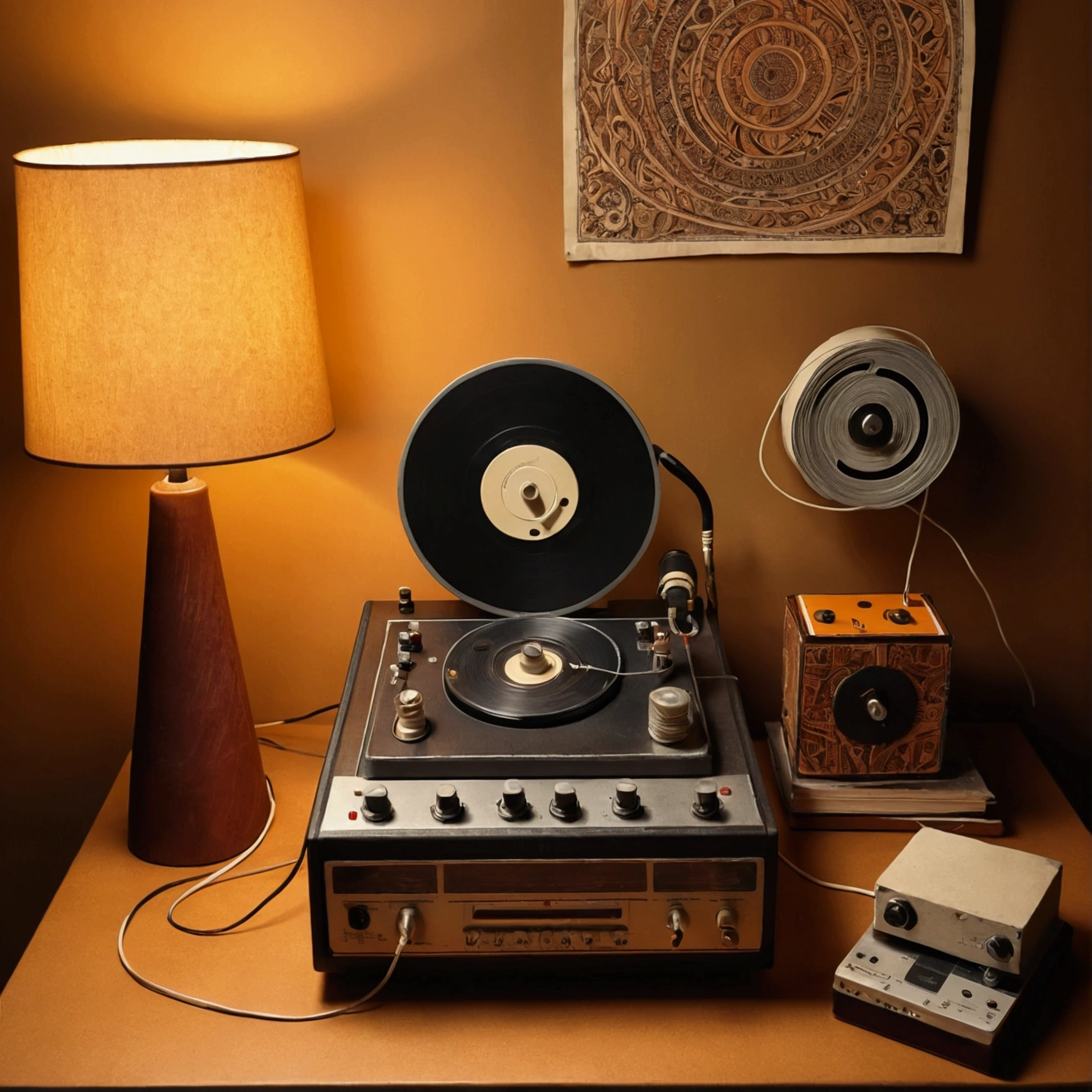 (artistic drawing), somewhere in an hald deleted labyrinth, view from above of of a reel-to-reel revox tape recorder under a lampshade without light, beside the lamp there is an african stringed-instrument in process of ascension